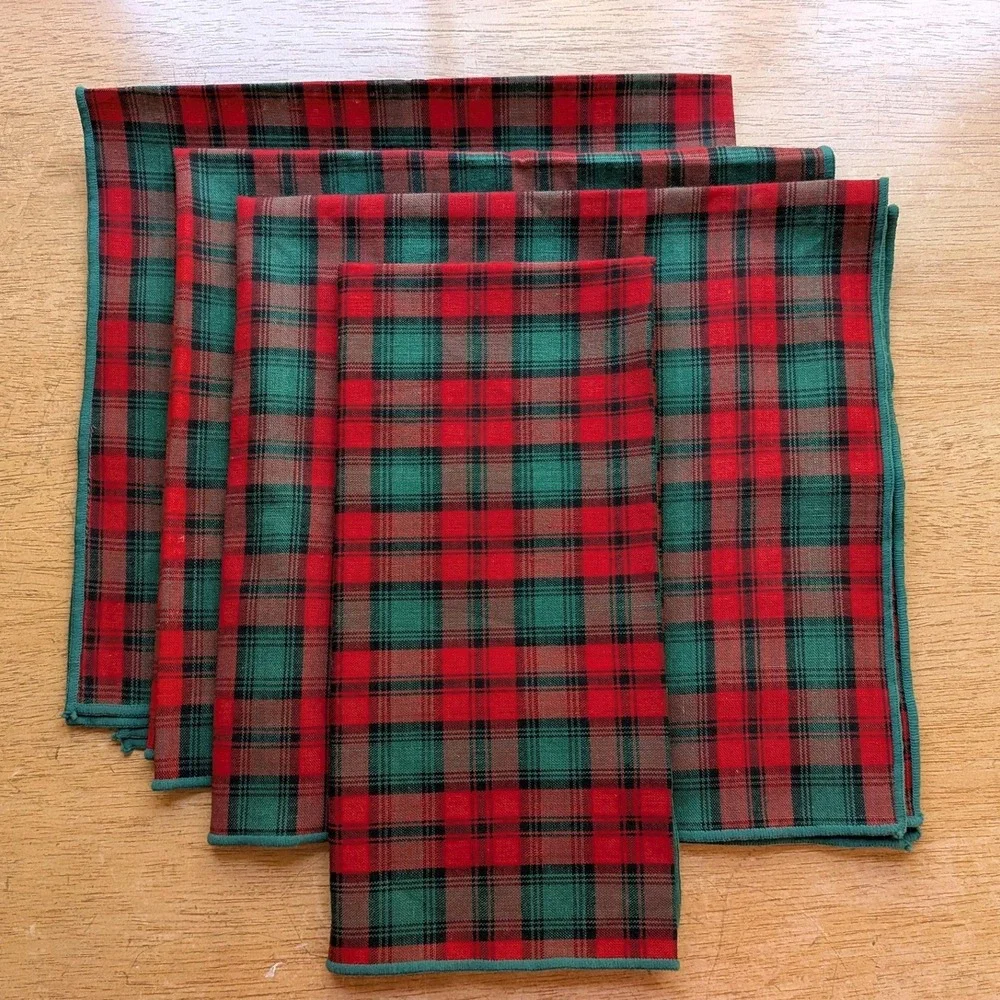Vintage Red Green Tartan Plaid Dinner Napkins Set of 4 Christmas Holiday 19x18.5